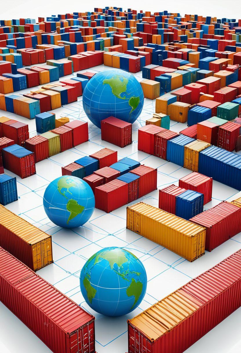 An intricate network of shipping containers connected by soft, flowing lines representing efficiency, with a globe in the background symbolizing global trade. Incorporate digital overlays of data flow and supply chain metrics to imply streamlined management. Use vibrant colors to emphasize energy and innovation. super-realistic. vibrant colors. white background.