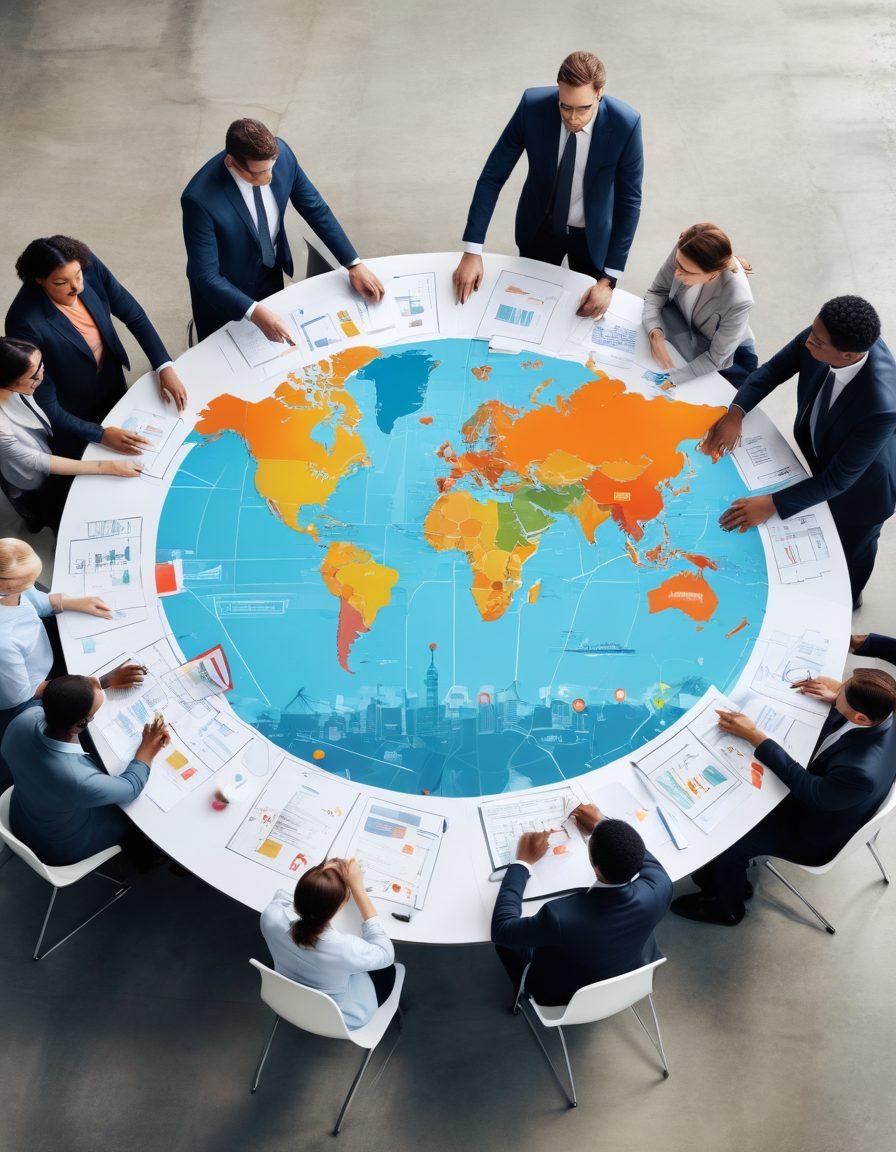 An intricately designed illustration of diverse professionals collaborating at a conference table, surrounded by flowcharts and documents related to trade compliance. Show a world map in the background highlighting different markets with vibrant arrows indicating expansion routes. Incorporate symbols of various industries, like shipping containers and paperwork. Bright, engaging colors with a modern aesthetic. 3D design.