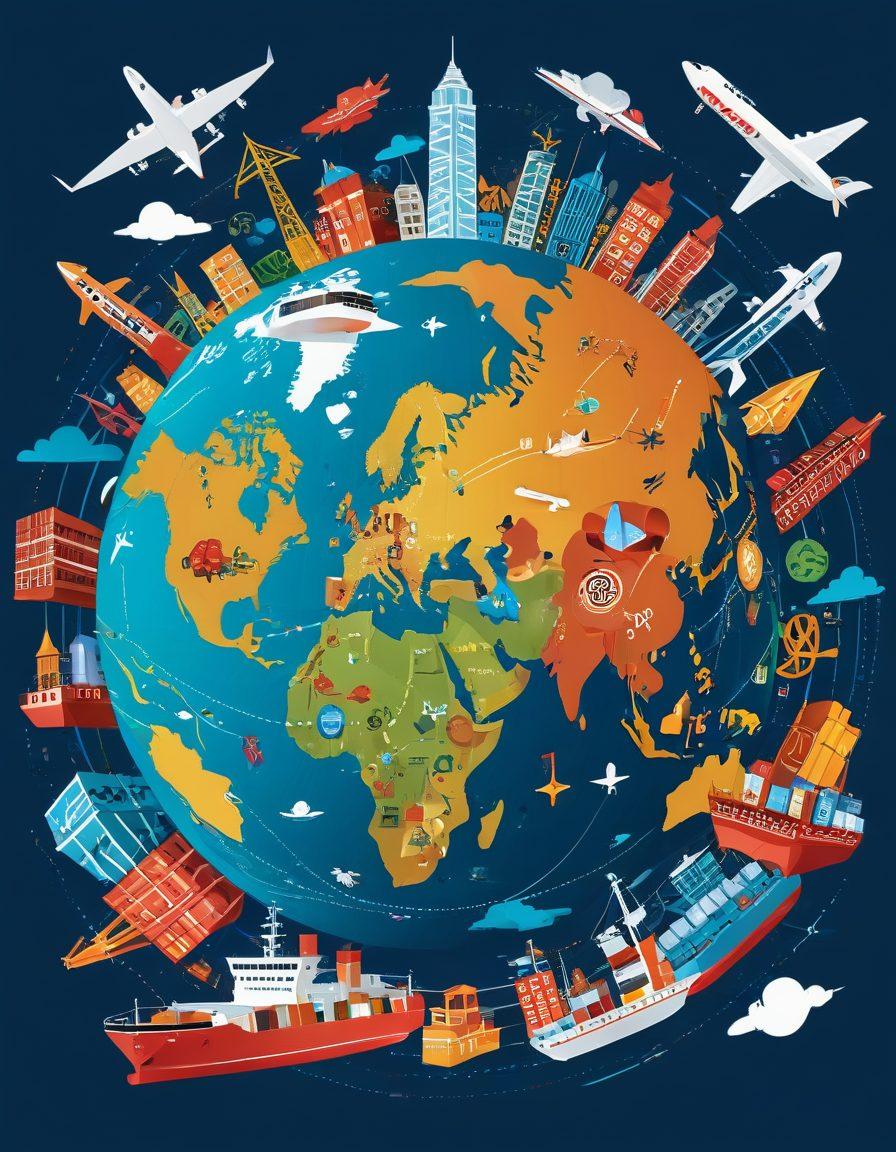 A dynamic globe illustrating interconnected trade routes with colorful arrows and icons representing various export services such as shipping containers, planes, and dollar signs. Include diverse landmarks from different countries in the background to signify global market expansion. The scene should convey motion and opportunity, emphasizing the flow of goods worldwide. vibrant colors. vector art.
